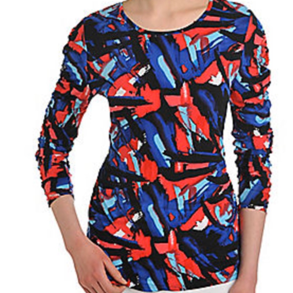 TOP, STRETCH, RED/BLUE/BLACK/WHITE/LT BLUE COMBO, SIZE 3X, ¾ SLEEVES, CREW NECK,